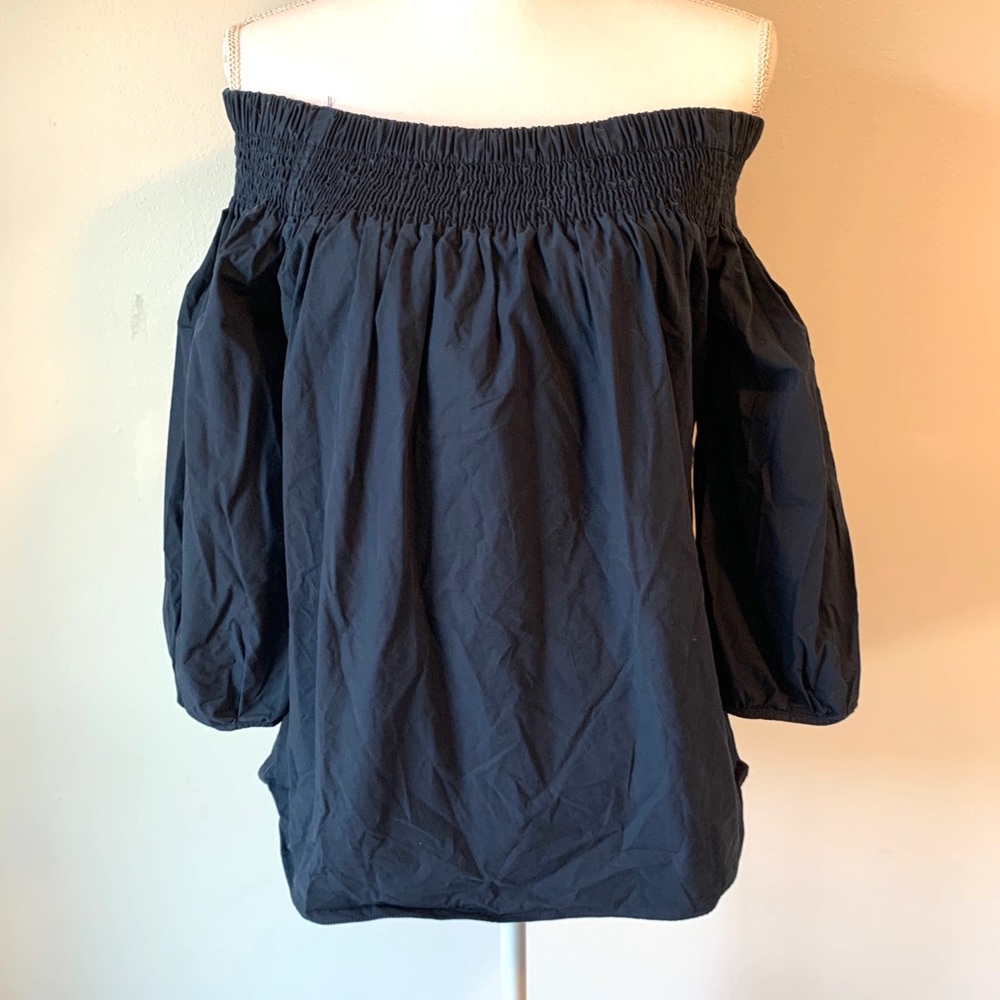 Navy smocked off-shoulder top